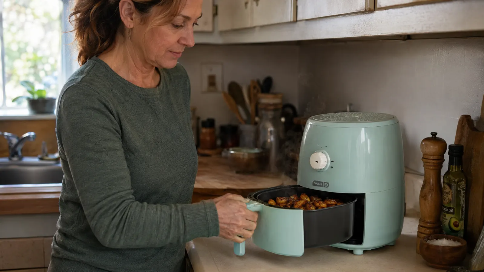 A hand lifting the basket out of the Dash Tasti-Crisp air fryer to check on food