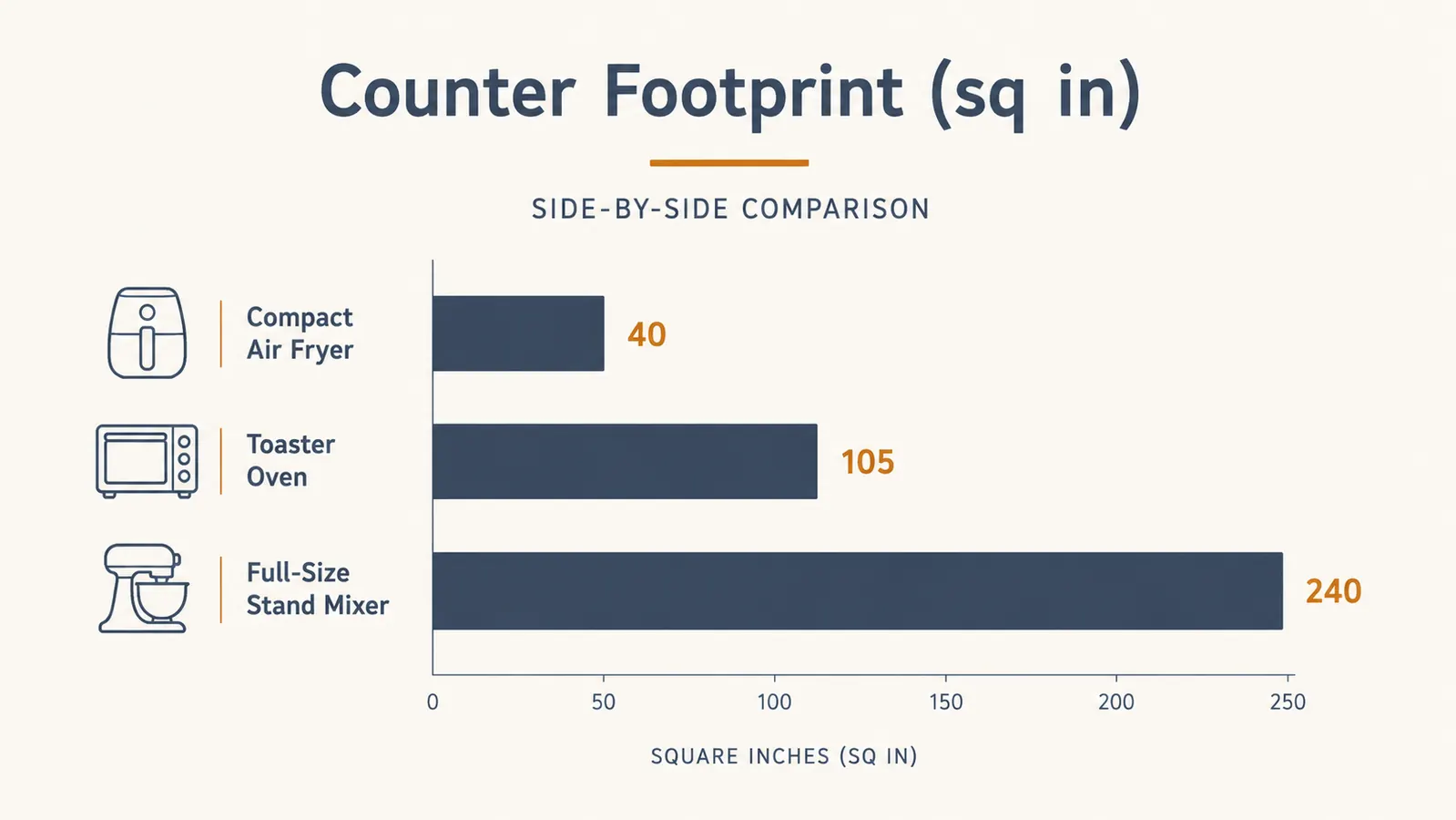 Chart comparing counter footprint in square inches of a compact air fryer, a toaster oven, and a full-size oven mitt-to-mitt