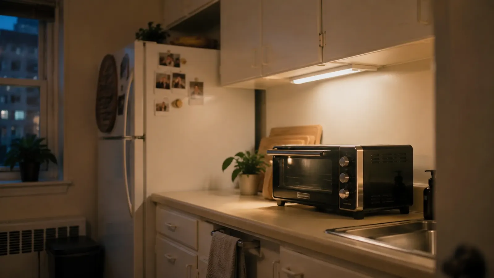 A small kitchen counter at night with the toaster oven turned off and the rest of the counter clear