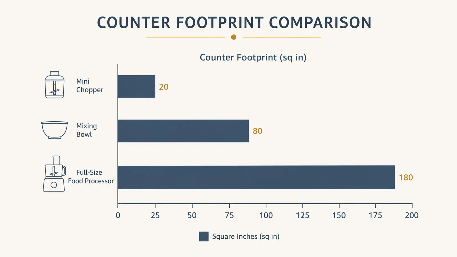 Chart comparing counter footprint in square inches between a mini chopper, a mixing bowl, and a full-size food processor