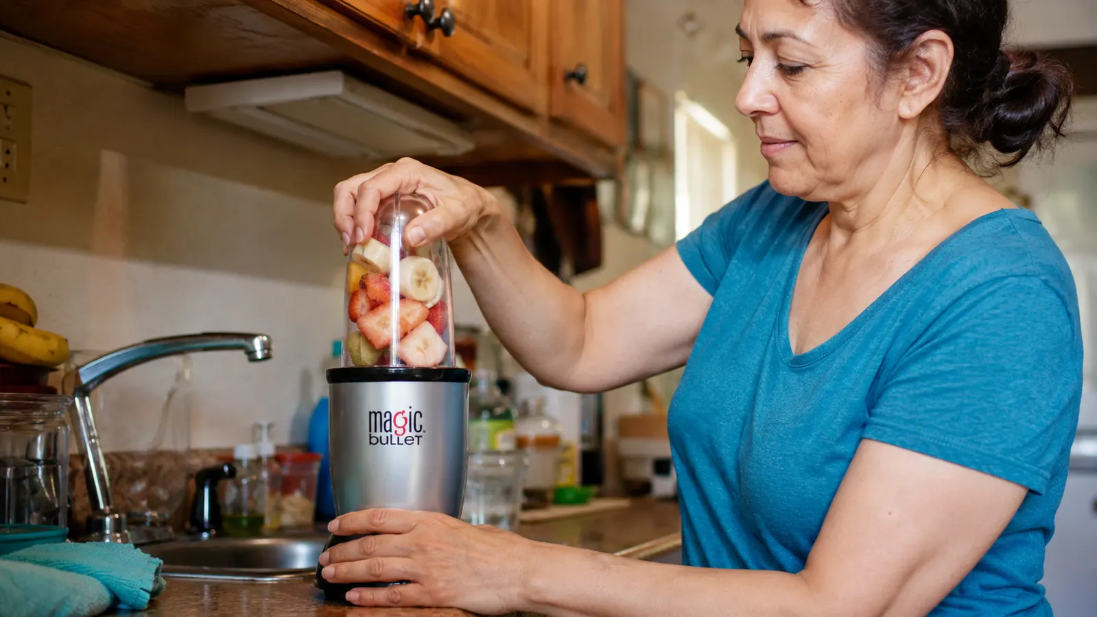 A hand twisting a Magic Bullet cup onto the base to blend a smoothie
