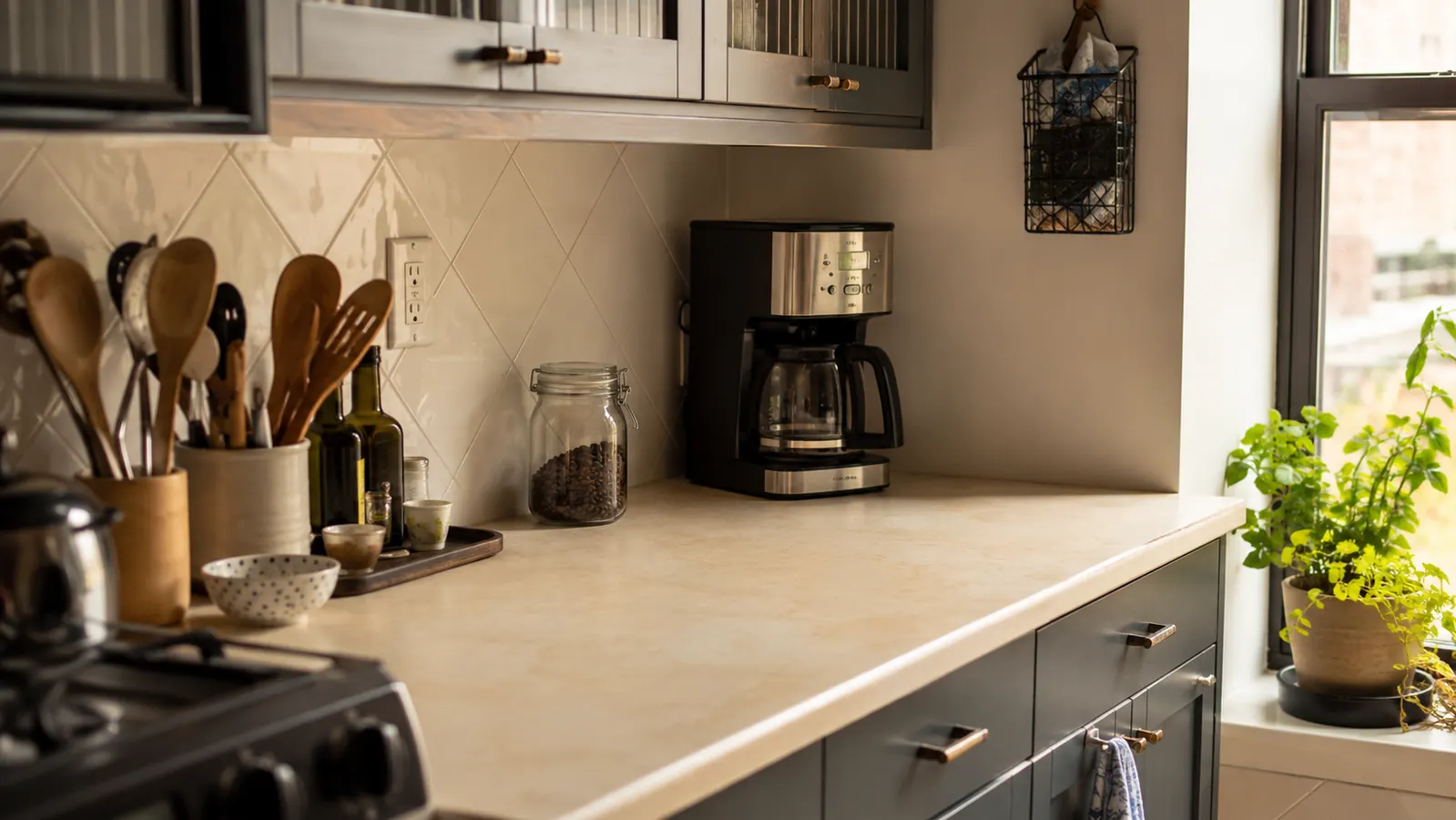 A narrow kitchen counter with the coffee maker tucked into a corner gap beside a toaster, leaving open counter space