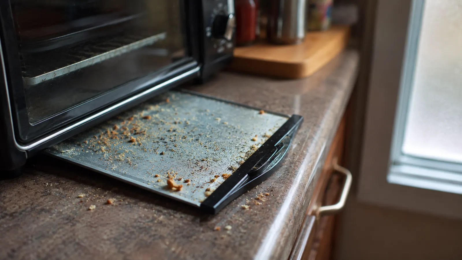 Close-up of crumbs scattered on the counter beside the toaster oven's pulled-out crumb tray, glass door slightly fogged behind it