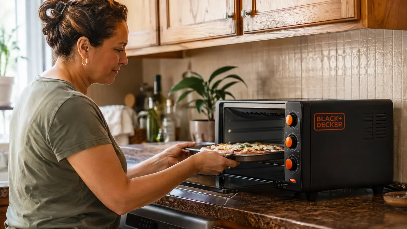 Hand sliding a small baking tray of vegetables into the open BLACK+DECKER toaster oven