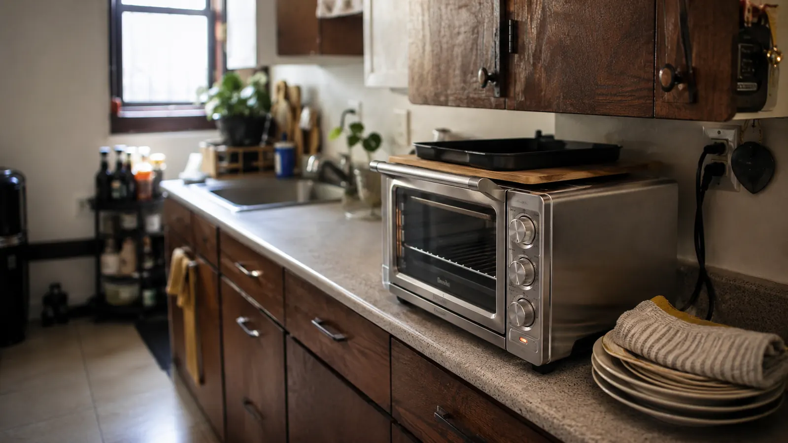A silver toaster oven sitting on a narrow apartment kitchen counter next to a small stack of plates
