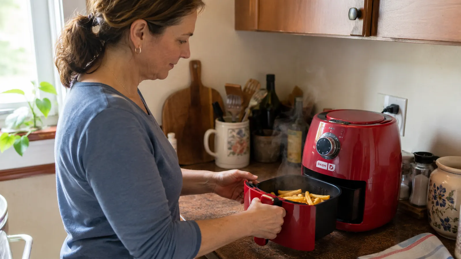 Hands pulling a basket of crispy reheated fries out of a small aqua air fryer on a kitchen counter