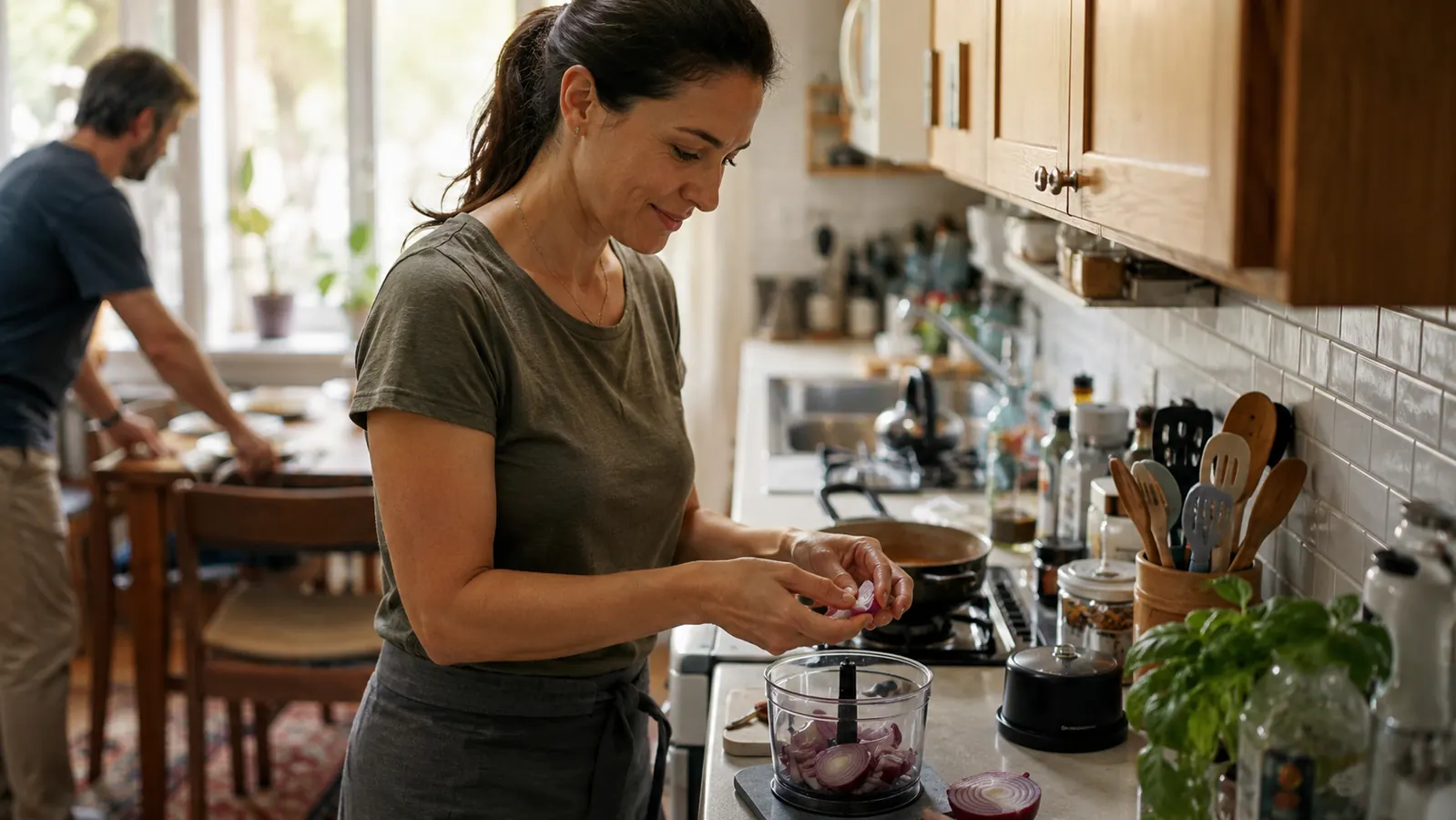 Woman in a small kitchen dicing onion into a chopper bowl while a family member sets the table in the background