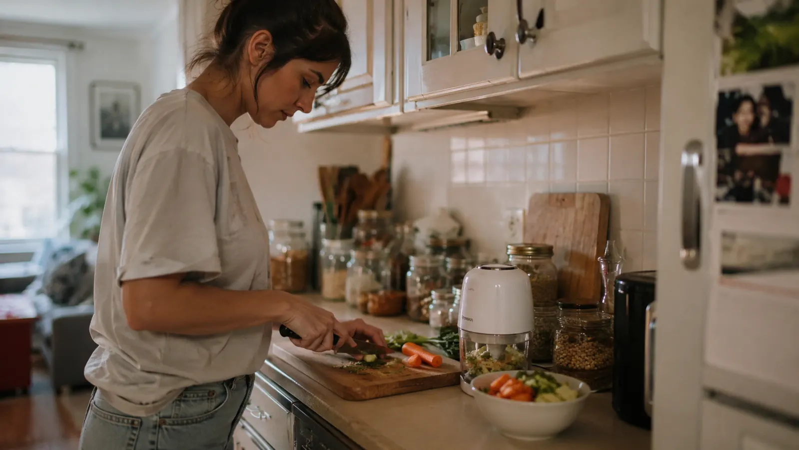 A small white electric chopper sitting on a narrow apartment kitchen counter next to a cutting board and a bowl of chopped vegetables
