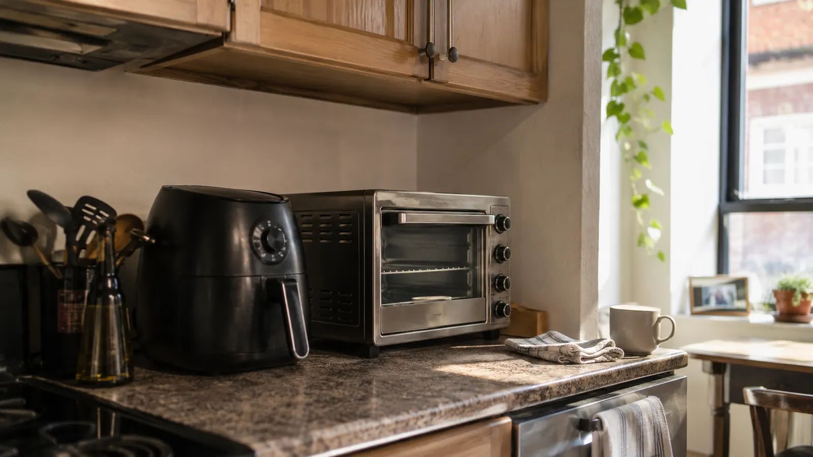 A bright, tidy home kitchen counter with a wooden cutting board, fresh vegetables, and everyday kitchen gadgets