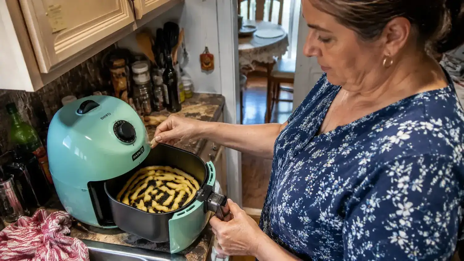 Overhead view of raw cut fries spread in a single layer inside the Dash air fryer basket, not overlapping