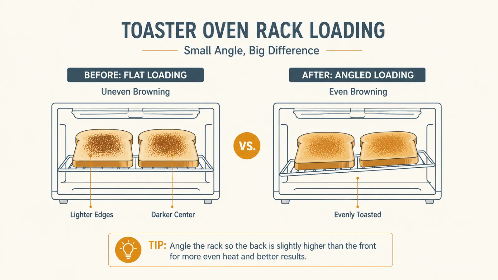Simple chart showing browning evenness across four slice positions before and after adjusting the loading pattern