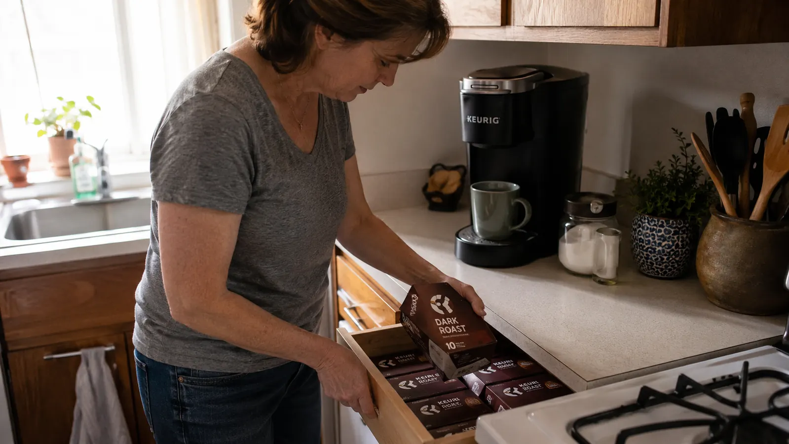 Hand reaching into an open kitchen drawer crowded with several boxes of K-Cup pods