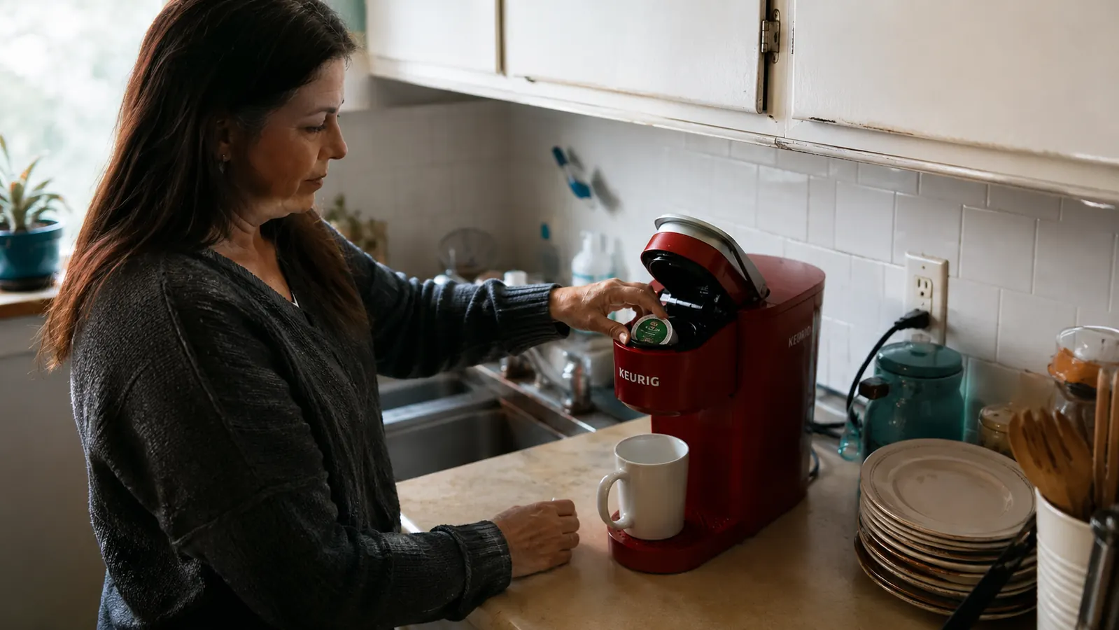 Hand lowering the top lid of the Keurig K-Express to load a K-Cup pod, mug already in place under the spout