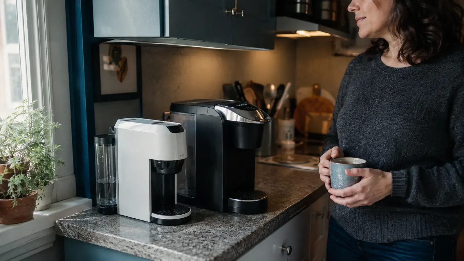 Two single-serve coffee makers of different depths sitting side by side on a narrow kitchen counter to show the clearance difference