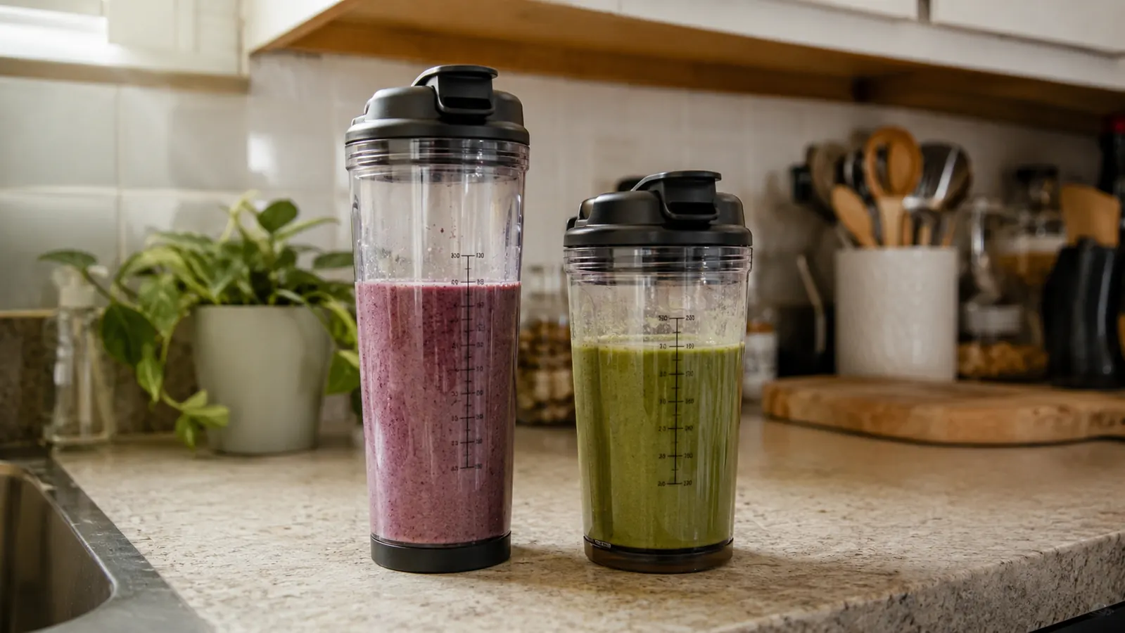 Two personal blender cups of noticeably different sizes standing side by side on a kitchen counter
